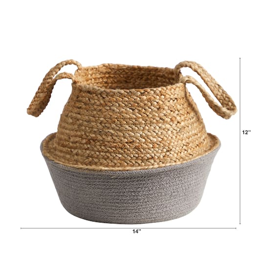 12" Boho Chic Handmade Cotton & Jute Gray Woven Basket Planter
